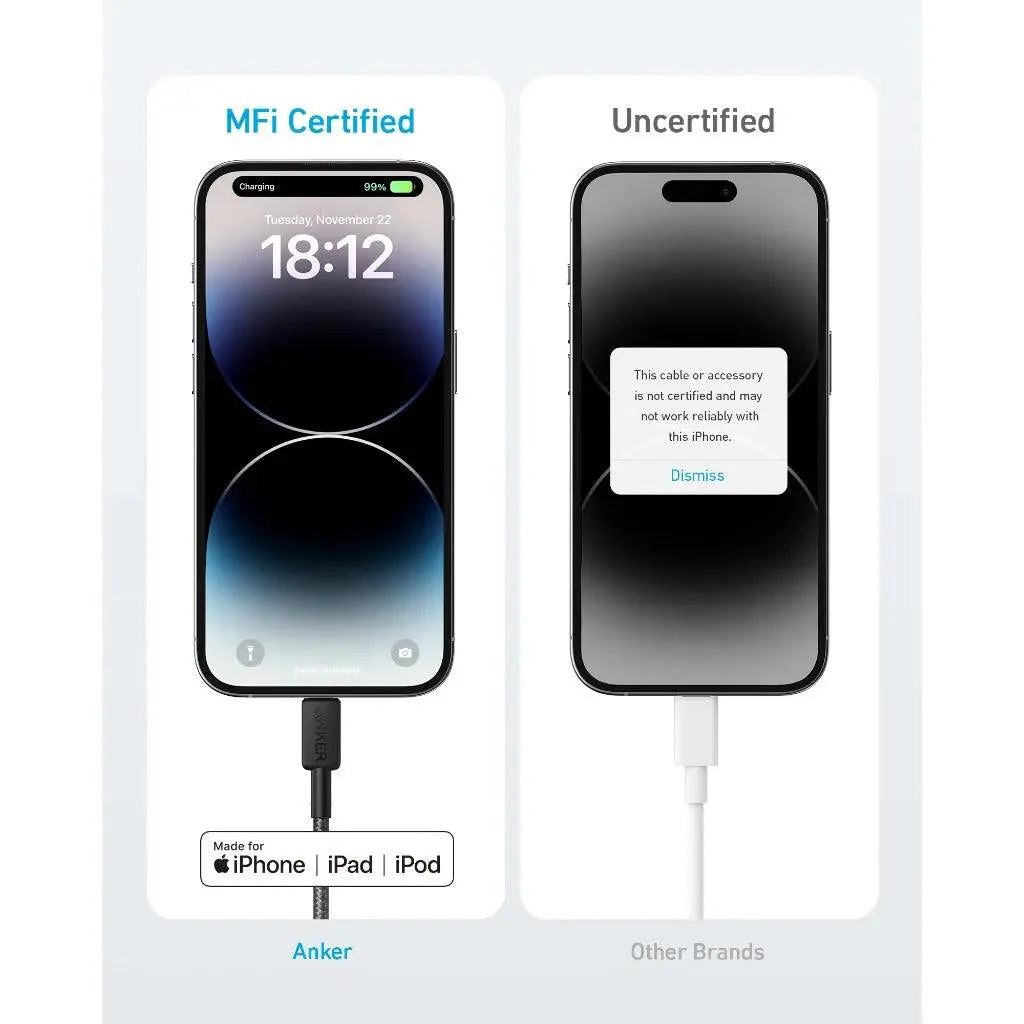 كابل Anker 322 USB C إلى Lightning بطول 3 أقدام، متين وشحن سريع - أبيض