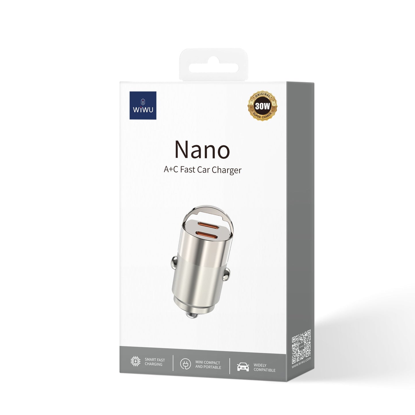 WIWU Nano Dual C 30W Fast Car Charger Compact & Powerful - Titanium