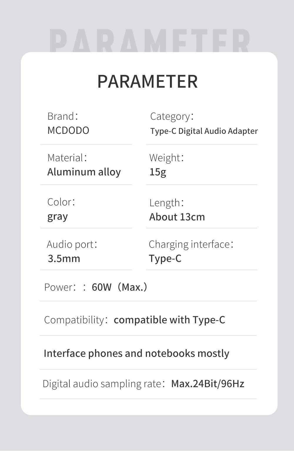 محول صوت Mcdodo Type C إلى DC3.5mm وType C مع شحن سريع 60 واط