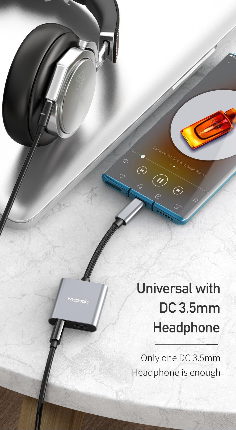 محول صوت Mcdodo Type C إلى DC3.5mm وType C مع شحن سريع 60 واط