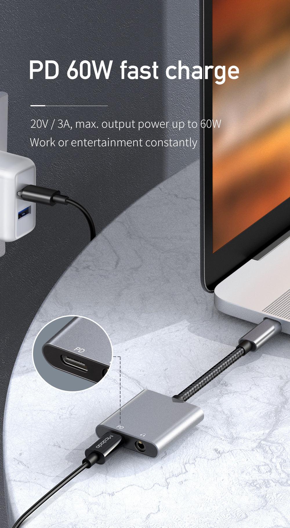 محول صوت Mcdodo Type C إلى DC3.5mm وType C مع شحن سريع 60 واط