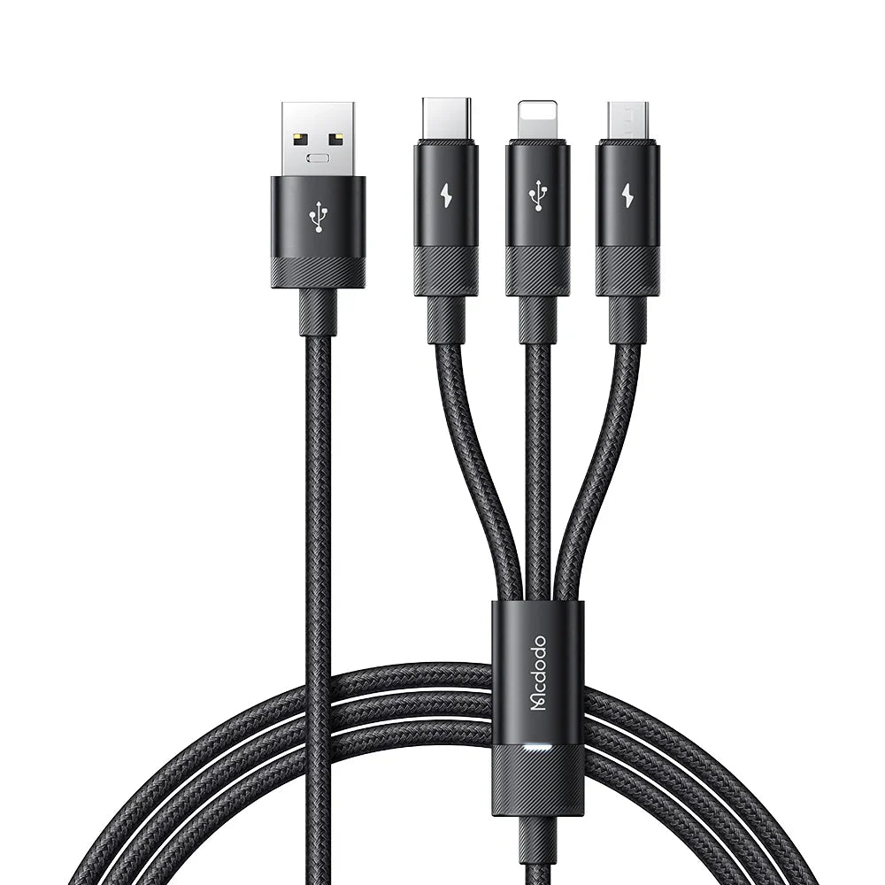 Mcdodo 3 in 1 Nylon Braided Cable with LED 1.2m - Black