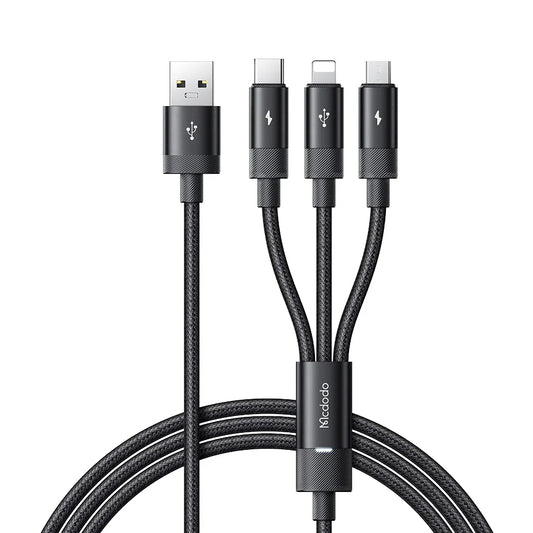 Mcdodo 3 in 1 Nylon Braided Cable with LED 1.2m - Black