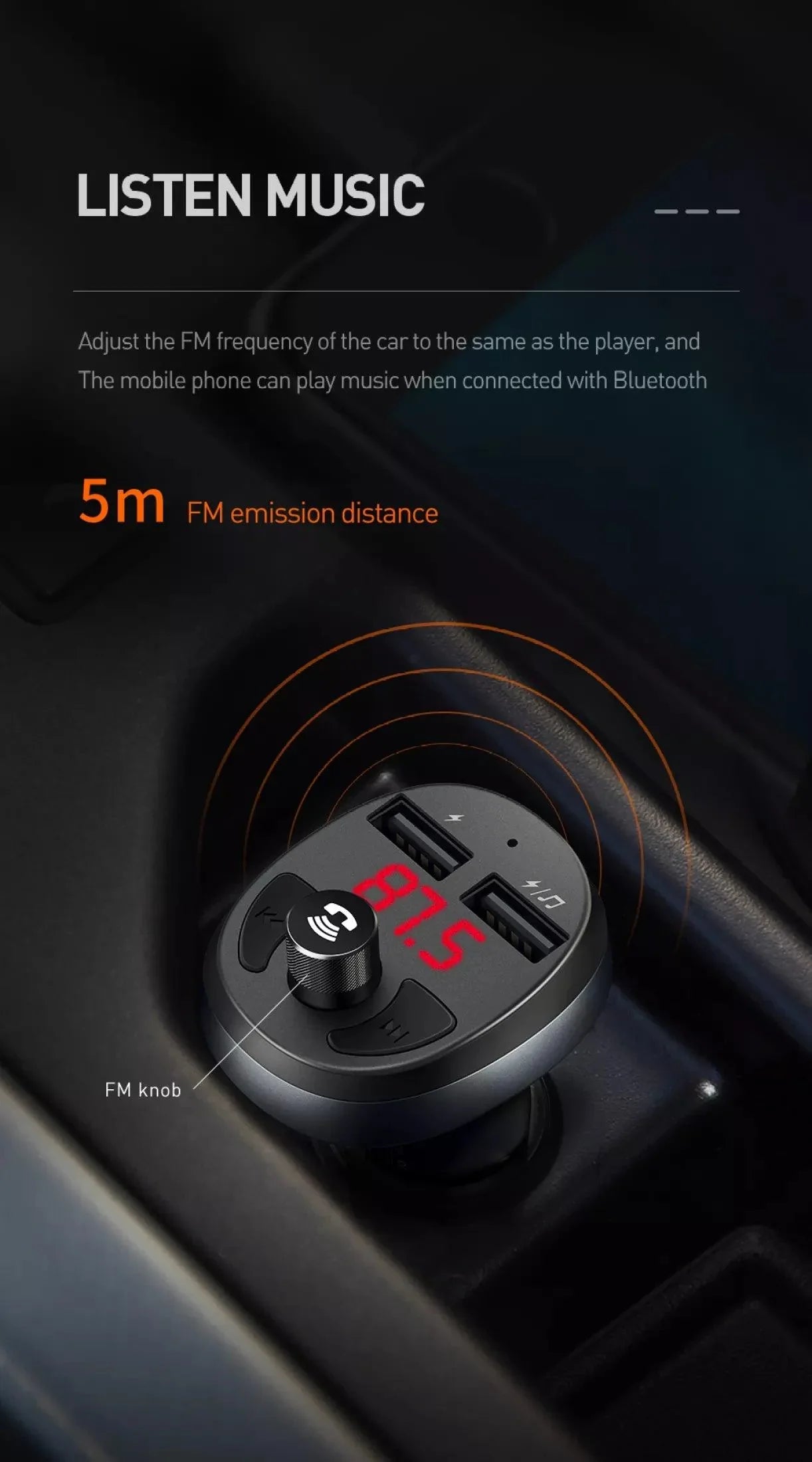 Mcdodo Bluetooth FM Transmitter Car Charger - 5V/3A Fast Charge(Black)