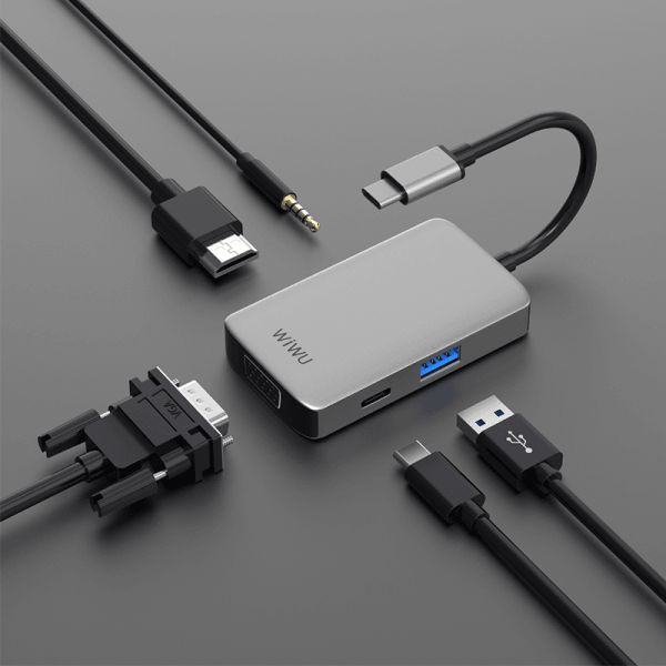 موزع WIWU ALPHA 5 في 1 USB-C A513HVP - رمادي