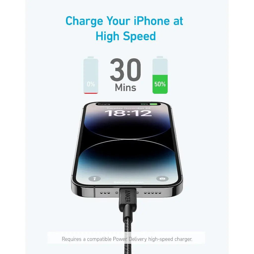 كابل Anker 322 USB C إلى Lightning بطول 3 أقدام، متين وشحن سريع - أبيض